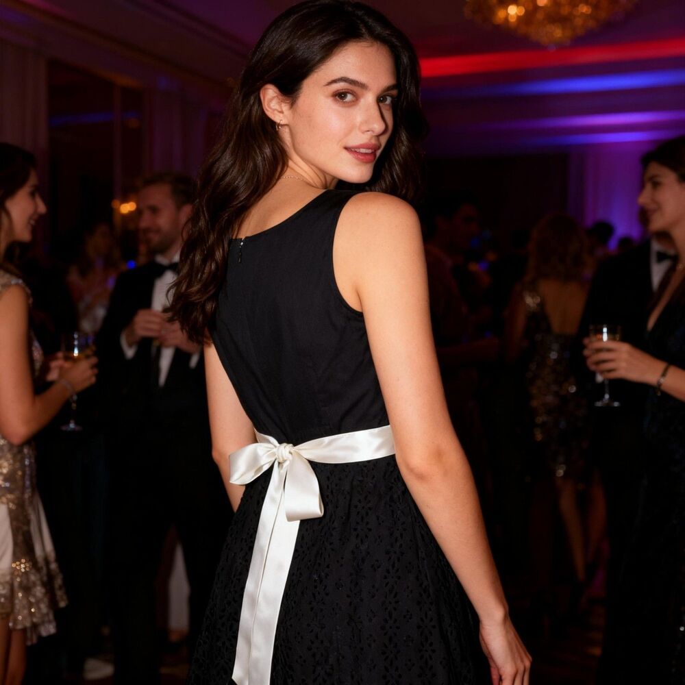 Oscar de la Renta Dress 8 P Petite Black Eyelet Empire Waist Sleeveless Party